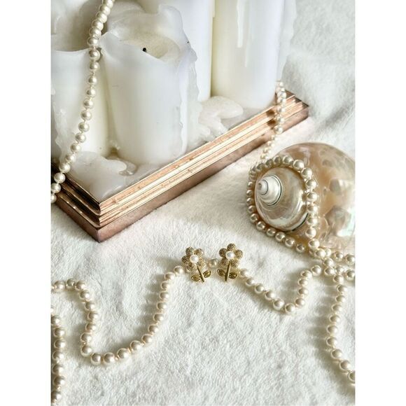 Cubic zirconia faux pearl flower stud dangle earring ￼ - Picture 2 of 6